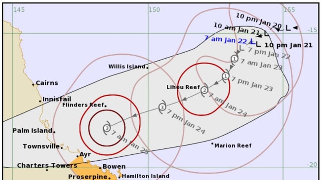 A track map showing the expected route of Cyclone Kirrily. Picture; Bureau of Meteorology