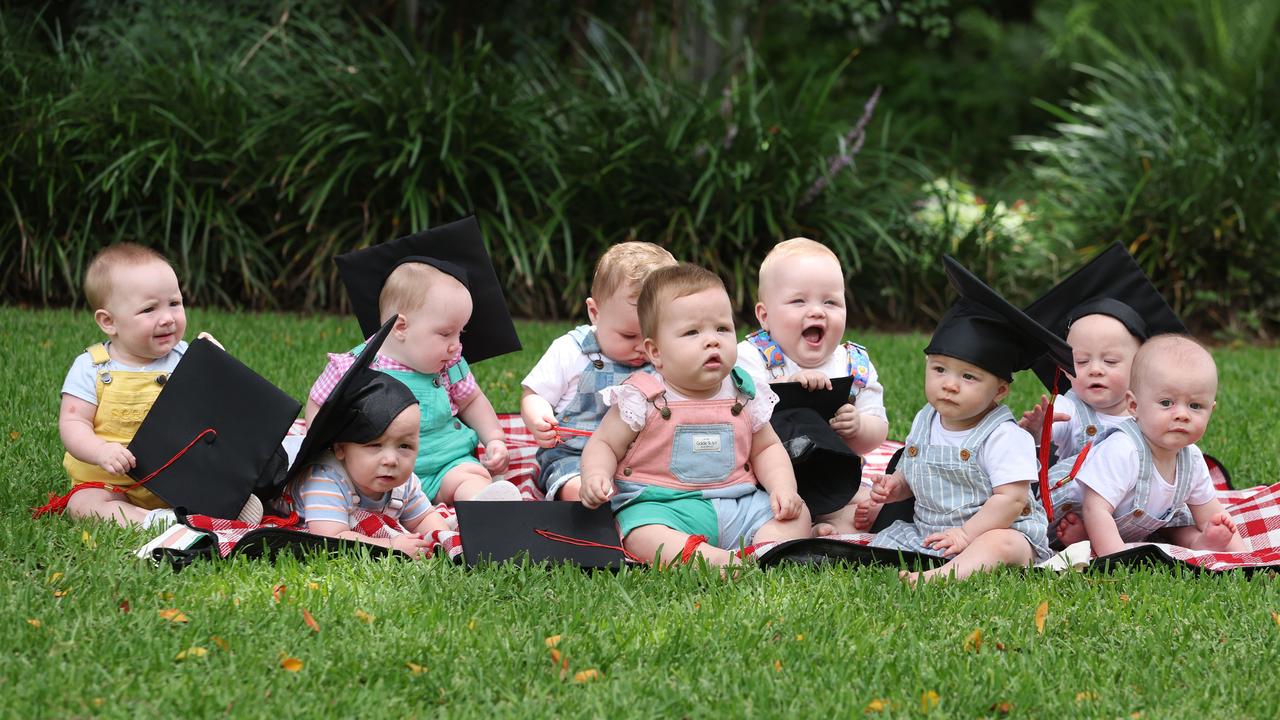 Triplets Aubrey, Stirling and Sophia Lyell; August, Edie and Owen Goya; and Ari, Eloise and Rocky Jones at Mater South Brisbane. Picture: Annette Dew