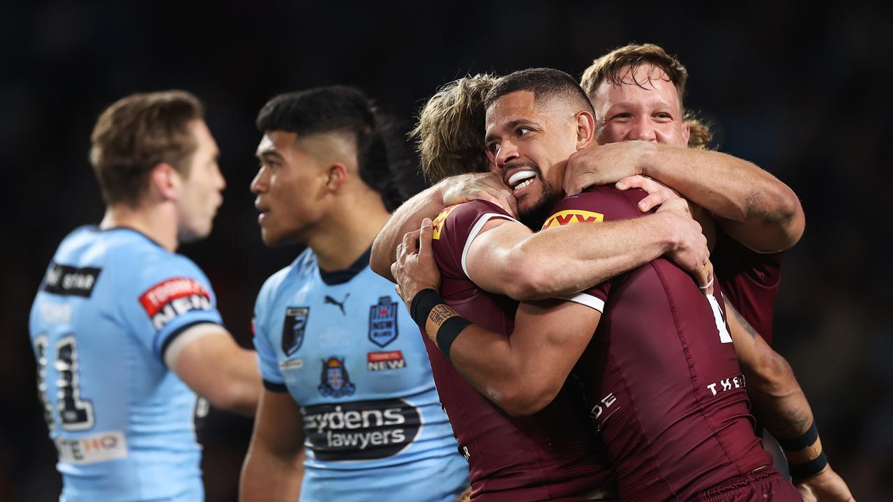 SYDNEY, AUSTRALIA - JUNE 08: Dane Gagai of the Maroons celebrates with team mates after scoring a try during game one of the 2022 State of Origin series between the New South Wales Blues and the Queensland Maroons at Accor Stadium on June 08, 2022, in Sydney, Australia. (Photo by Mark Kolbe/Getty Images)