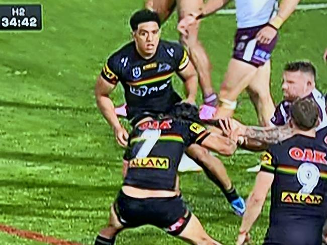 Nathan Brown yanking on Jarome Luai's hair. Picture: Fox League