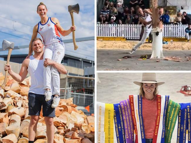 Martha King and Jack Jordan taking the Ekka woodchopping competition by storm. Photo: News Corp Australia