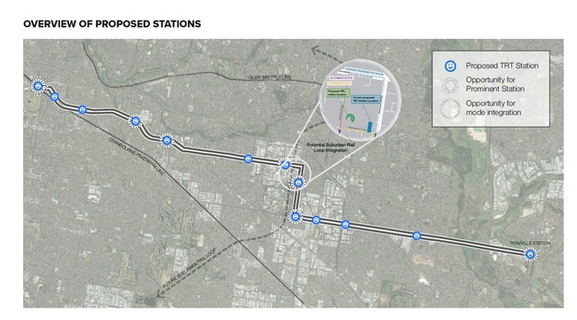 The proposed route, which connects with the Suburban Rail Loop.