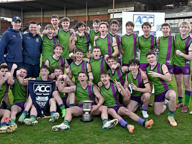 Parade College celebrate winning the ACC Grand Final between St Patrick College and Parade College in Essendon, Wednesday, June 19, 2024. Picture: Andy Brownbill