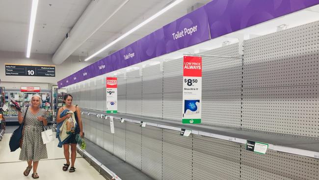 Shelves were stripped bare during the panic-buying peak. Picture: John Gass