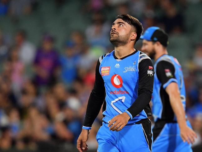 Rashid Khan of the Strikers reacts during the Big Bash League match between the Adelaide Strikers and the Hobart Hurricanes at Adelaide Oval. Picture: DANIEL KALISZ