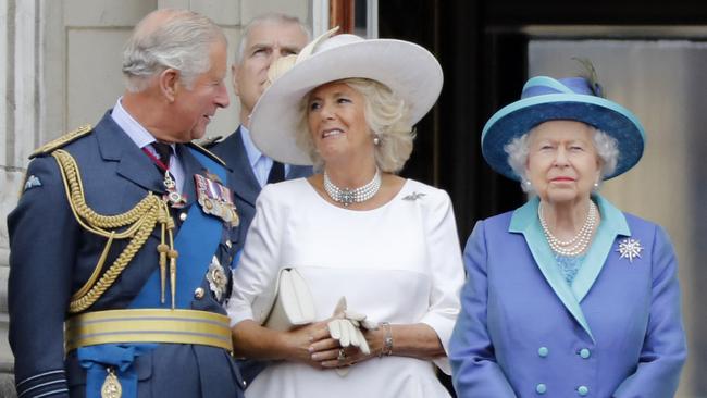 Charles, Camilla and the Queen on the balcony of Buckingham Palace in 2018. Picture: AFP