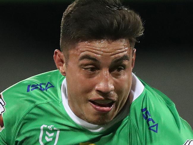 Canberra's Joseph Tapine on his way to scoring a try during the Sydney Roosters v Canberra Raiders Semi Final at the SCG. Picture: Brett Costello