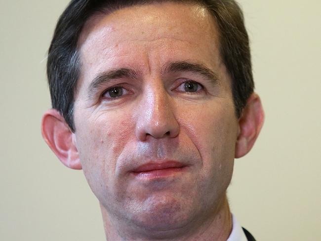 Minister for Education Senator Simon Birmingham speaking at doorstop at Parliament House in Canberra.