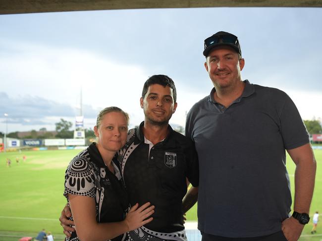 Brook Hellyer with Brett Harris and Jamie Hidden who were barracking hard for a Palmerston win. Picture: (A)manda Parkinson