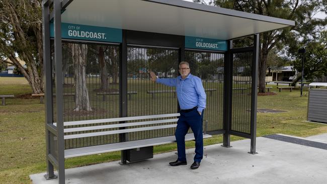 Coomera MP Michael Crandon at one of the new bus stops in Jacob's Well.