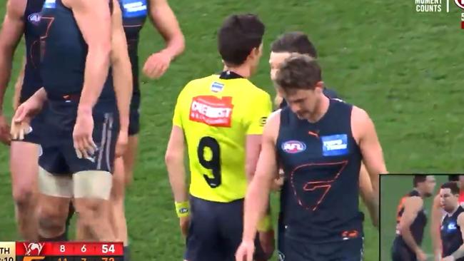 The moment Toby Greene bumped umpire Matt Stevic. Picture: Fox Sports