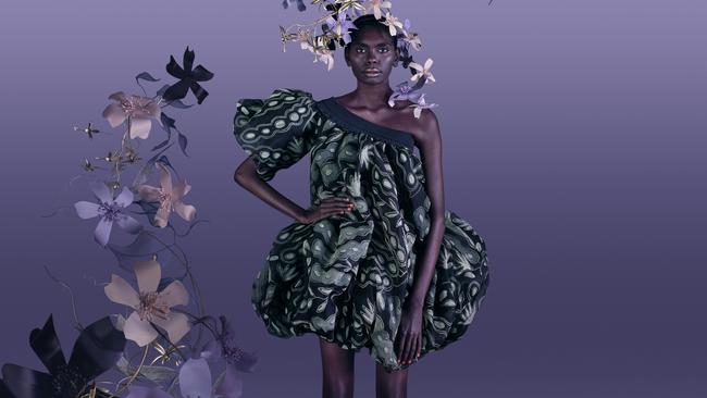 Magnolia Maymuru models Grace Rosendale’s Seedpods dress. Picture: Bronwyn Kidd