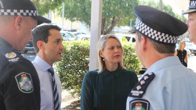 Premier David Crisafulli and Member for Barron River Bree James meet with Chief Superintendent for the Far North Kevin Fitzgibbon, Cairns City Patrol Group Inspector Jamie Horn and Officer in Charge of Cairns Station Acting Senior Sergeant Lyall McKelvie. Picture: Samuel Davis