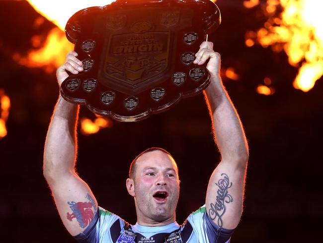 NSW Blues captain Boyd Cordner lifts the shield celebrating winning the State of Origin series after defeating Queensland in Game 3 at ANZ Stadium, July 10, 2019. Picture. Phil Hillyard