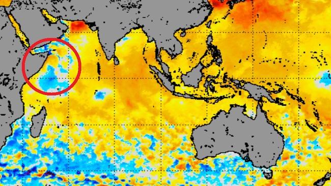 To Australia’s west, cooler water around East Africa is a sign of a negative Indian Ocean Dipole that also brings wet weather Australia’s way. Picture: Sky News Weather.