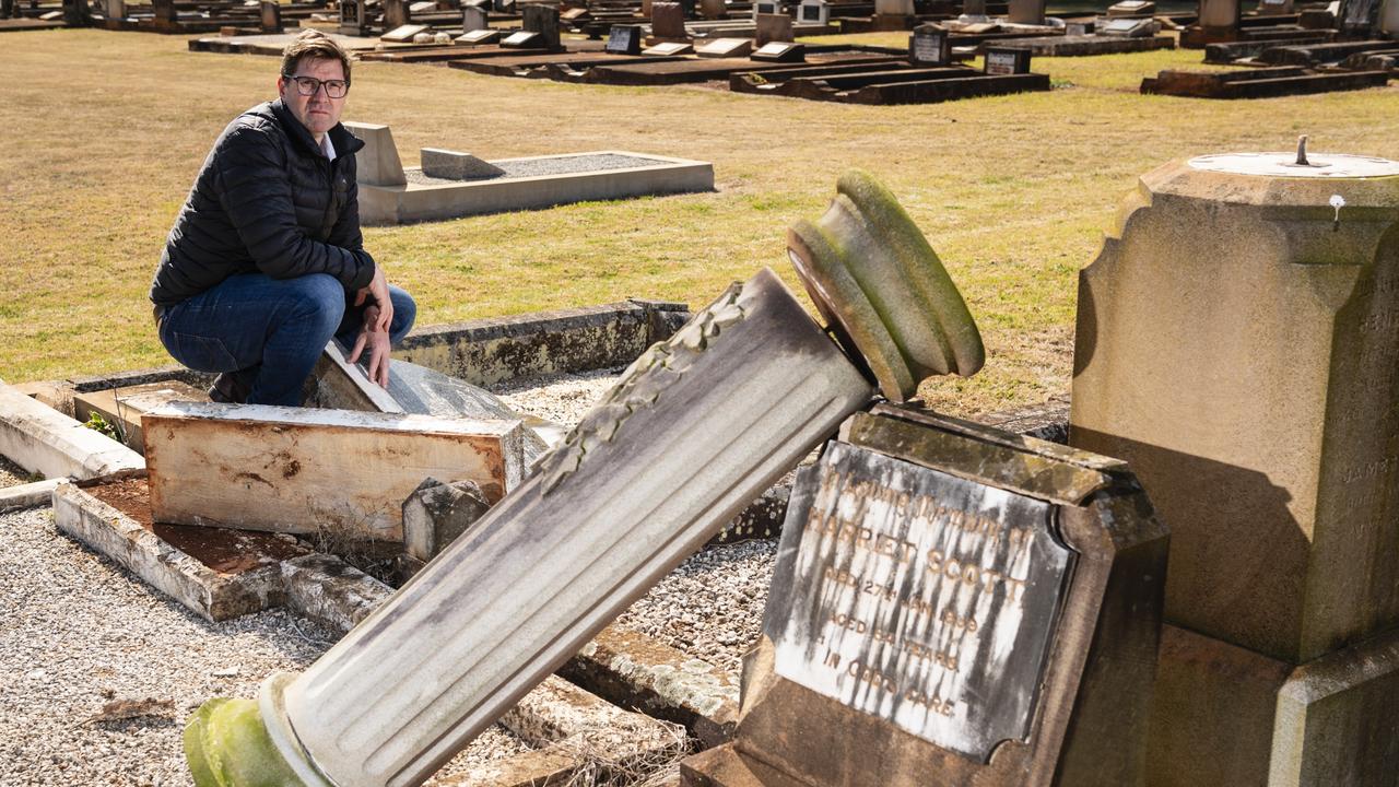 Toowoomba Region Mayor Geoff McDonald is disgusted after vandals damage or destroy more than 300 graves at Toowoomba's Drayton Cemetery, Sunday, August 11, 2024. Picture: Kevin Farmer