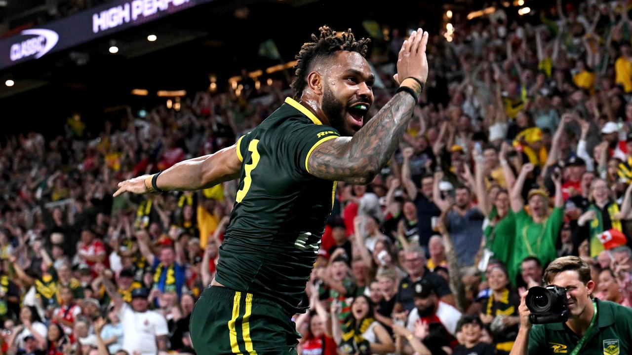 Hamiso Tabuai-Fidow scored a slashing try as he and Tom Trbojevic carved up in the centres. Picture: Bradley Kanaris/Getty Images