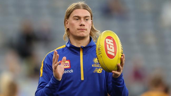 PERTH, AUSTRALIA - MAY 04: Harley Reid of the Eagles warms up before the 2024 AFL Round 08 match between the West Coast Eagles and the Essendon Bombers at Optus Stadium on May 04, 2024 in Perth, Australia. (Photo by Will Russell/AFL Photos via Getty Images)