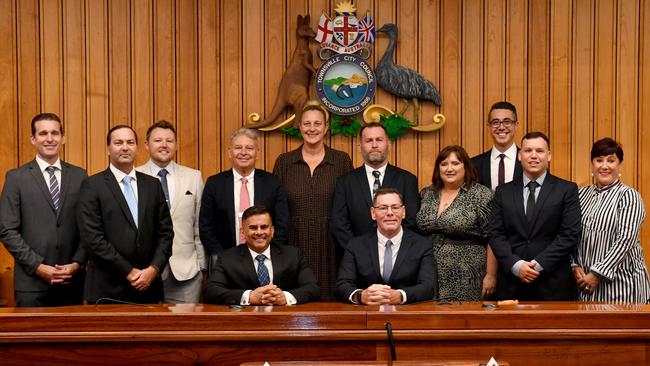 Townsville City councillors being sworn into office in April 2024. CEO Prins Ralston (front left) resigned two weeks later. Picture: Evan Morgan