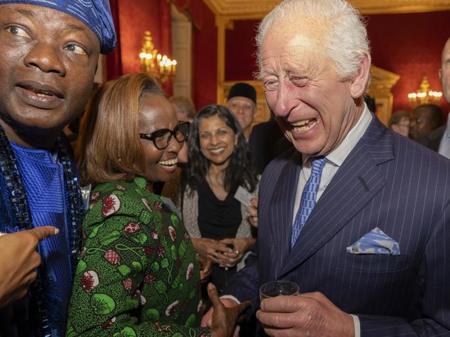 LONDON, ENGLAND - OCTOBER 02: Britain's King Charles III and Queen Camilla are greeted by a number of well-known members of the Commonwealth Diaspora including actress Cate Blanchett, singer Grace Jones, dancer Motshegetsi Mabuse-Voznyuk, rugby player Theodore McFarland, soprano Isabella Moore and singer Neil Finn during a reception to celebrate the Commonwealth, ahead of the Commonwealth Heads of Government Meeting in Samoa, at St. James's Palace on October 2, 2024 in London, England. The reception, for around 300 guests, will recognise and celebrate the huge contribution made by the Commonwealth. (Photo by Jeff Gilbert - WPA Pool/Getty Images)