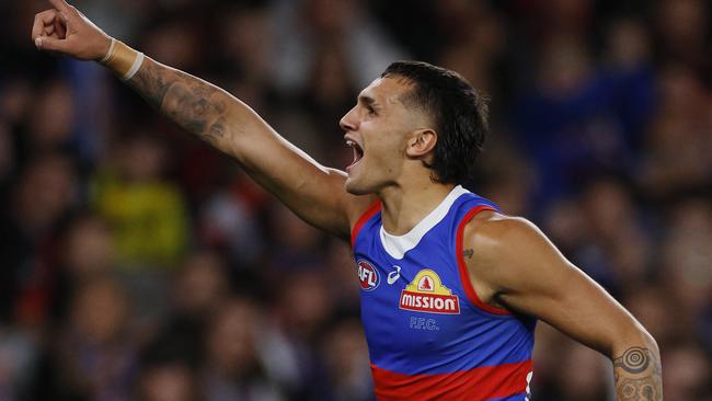 MELBOURNE , AUSTRALIA. April 12, 2024.  AFL. Round 5. Western Bulldogs vs Essendon at Marvel Stadium.   Bulldog Jamarra Ugle-Hagan celebrates a 1st quarter goal     . Pic: Michael Klein