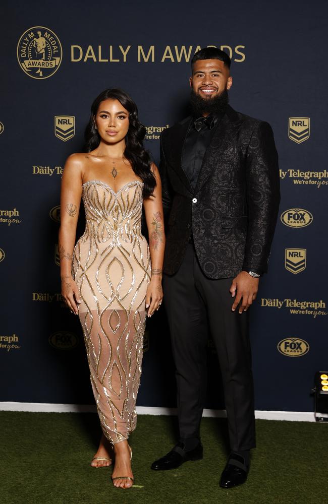 Dally M Medal favourite Payne Haas rocked an all black look while partner Leilani Mohenoa wowed in a sheer nude. Picture: Jonathan Ng