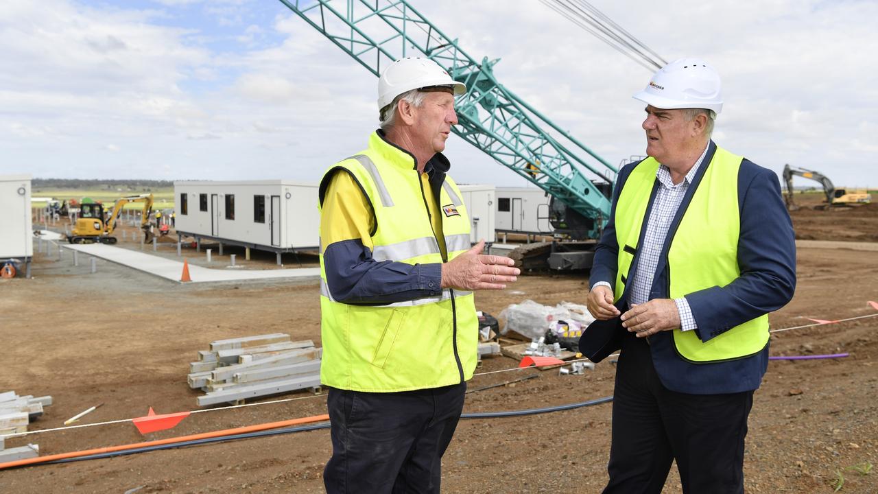 Wagner Corporation director Denis Wagner (left) and Minister for Agriculture Mark Furner at a press conference announcing the completion of the first buildings built at the Wellcamp quarantine facility. Picture: Kevin Farmer