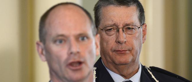 Then-Queensland Premier Campbell Newman and Police Commissioner Ian Stewart in 2013. (AAP Image/Dan Peled)