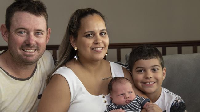 Danyelle Altfraco, with partner Brenton Langley, newborn Behn and Aidan, 8, was the first to give birth in Mareeba since its operating theatre reopened. Picture: Brian Cassey