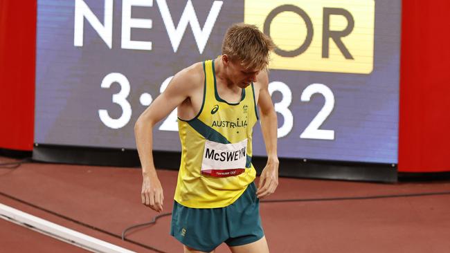 Stewart McSweyn, exhausted after the men’s 1500m final. Picture: Alex Coppel.