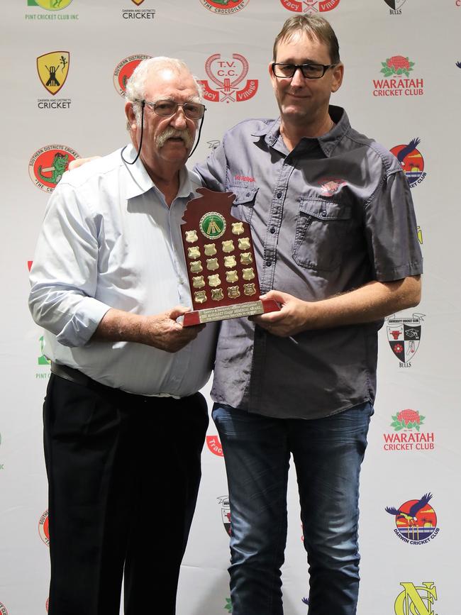 Jack Coady awards the Margaret Coady Memorial Trophy to Mark White. Picture: Roz Lavercombe.