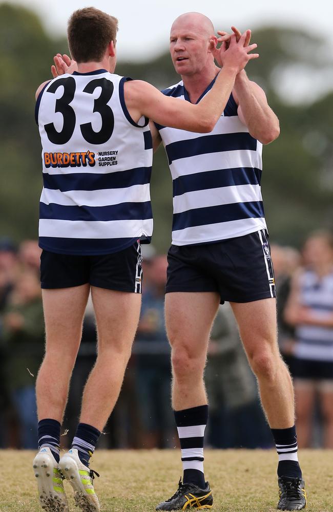 Barry Hall celebrates one of his eight goals for Pearcedale. Picture: Yuri Kouzmin.