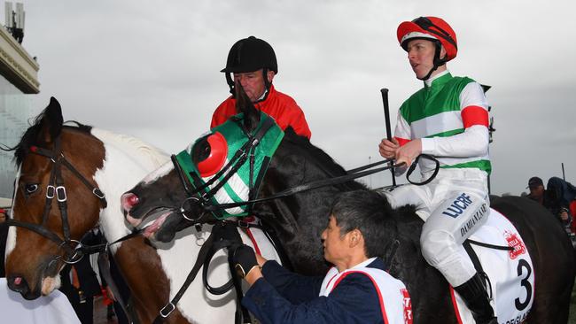 Damian Lane returns to scale after riding Mer De Glace to victory.