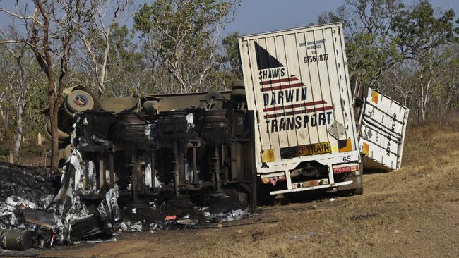 NT Police responded to a horror multiple fatality crash between a road train and four-wheel drive on the Stuart Highway, 12km south of Pine Creek on Friday September 29. Picture: Sierra Haigh