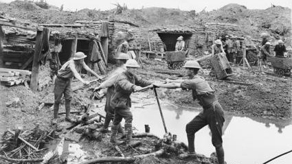 Australian tunnellers on the western front - Oliver Holmes Woodward pictured (unknown which man is him).