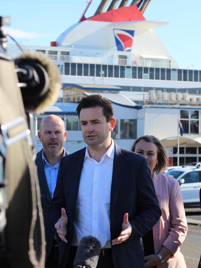 Labor leader Dean Winter speaking at the Spirit of Tasmania terminal in Devonport. Picture: Supplied.