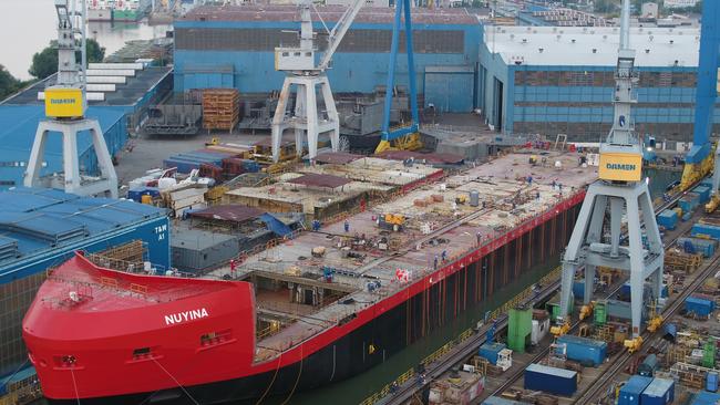 New ice breaker. Aerial view of RSV Nuyina floating in the dry dock, with strops attached to buoyancy bags hanging over the sides. Picture: DAMEN/AAD