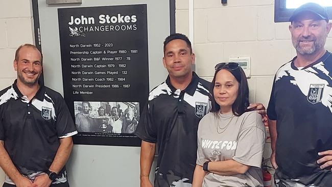 Palmerston Magpies club president Carmine Rauseo, Mathew Stokes, Amy Stokes and coach Mark Tyrrell at the newly named John Stokes changerooms.