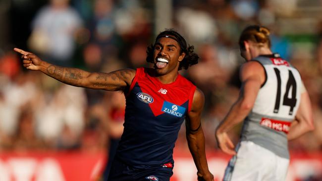 Kysaiah Pickett celebrates a goal against Port Adelaide.