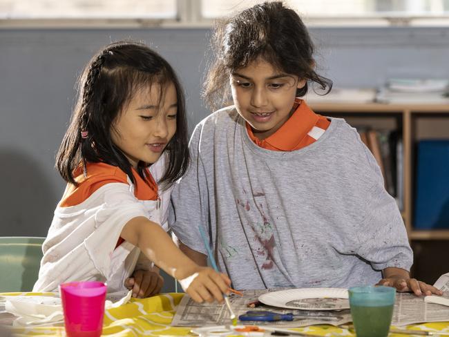 Caitlin Wang, 7, and Zebia Jasim, 7, at Inspire Carlingford. Picture: NCA NewsWire/ Monique Harmer