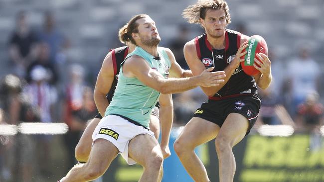 Hunter Clark takes possession during St Kilda’s intra-club match during the pre-season.