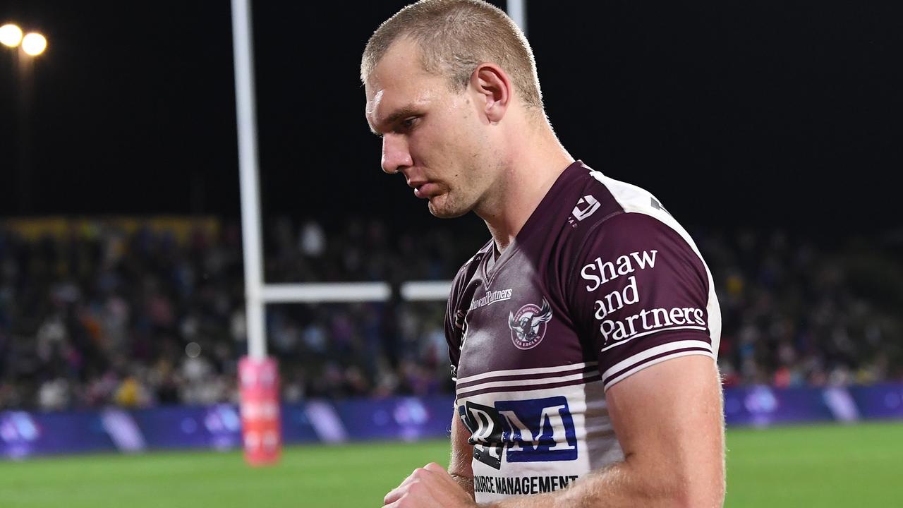 SUNSHINE COAST, AUSTRALIA – SEPTEMBER 10: Tom Trbojevic of the Sea Eagles reacts after losing the NRL Qualifying Final between the Melbourne Storm and the Manly Warringah Sea Eagles at Sunshine Coast Stadium on September 10, 2021, in Sunshine Coast, Australia. (Photo by Bradley Kanaris/Getty Images)