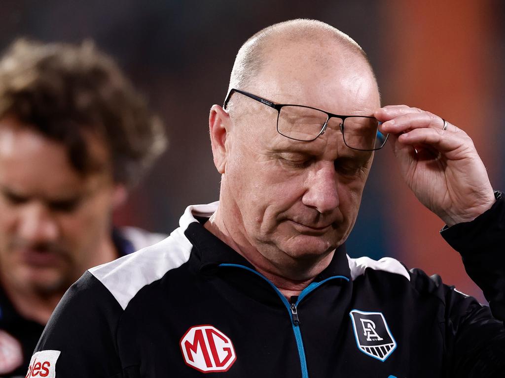 ADELAIDE, AUSTRALIA – SEPTEMBER 05: Ken Hinkley, Senior Coach of the Power looks on during the 2024 AFL Second Qualifying Final match between the Port Adelaide Power and the Geelong Cats at Adelaide Oval on September 05, 2024 in Adelaide, Australia. (Photo by Michael Willson/AFL Photos via Getty Images)