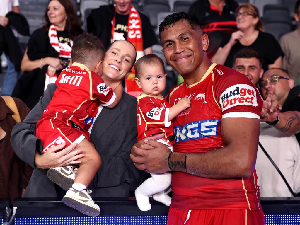 Daniel Saifiti of the Dolphins poses for a photo with his family after the round one NRL match between the Dolphins and South Sydney Rabbitohs. Picture: Getty Images