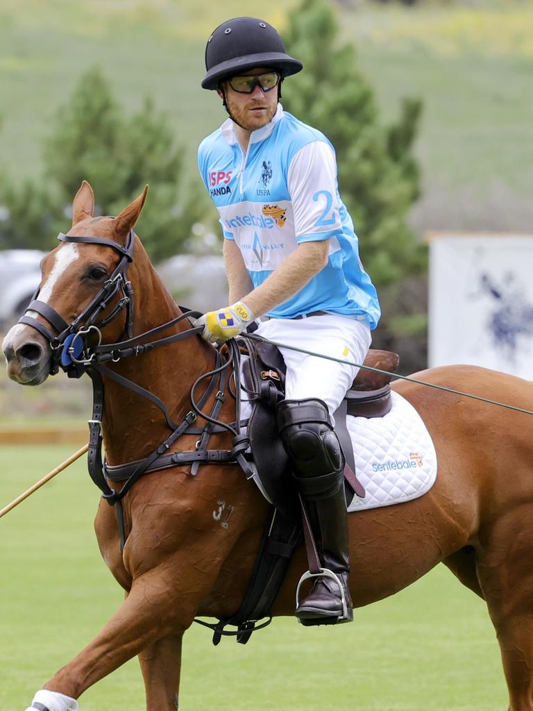 Prince Harry playing polo during the 2022 Sentebale ISPS Handa Polo Cup in Aspen, Colorado. Picture: Chris Jackson/Getty Images for Sentebale