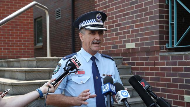 Detective Chief Inspector Luke Spurr addresses the media outside Hornsby Police Station after an 84-year-old woman was seriously assaulted in her nursing home by an intruder. Picture: David Swift.