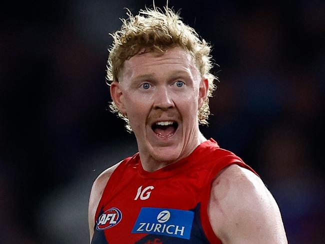 MELBOURNE, AUSTRALIA - AUGUST 02: Clayton Oliver of the Demons looks on during the 2024 AFL Round 21 match between Footscray and the Melbourne Demons at Marvel Stadium on August 02, 2024 in Melbourne, Australia. (Photo by Michael Willson/AFL Photos via Getty Images)