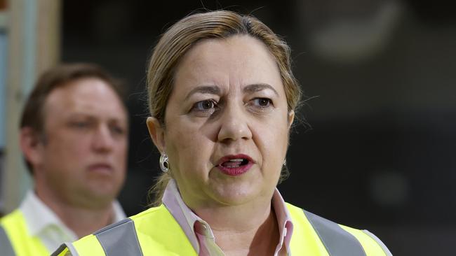 BRISBANE AUSTRALIA - NewsWire Photos MARCH 27, 2023: Premier Annastacia Palaszczuk holds a press conference at Q Build where prefabricated homes are under construction as the housing crisis continues. NewsWire / Sarah Marshall