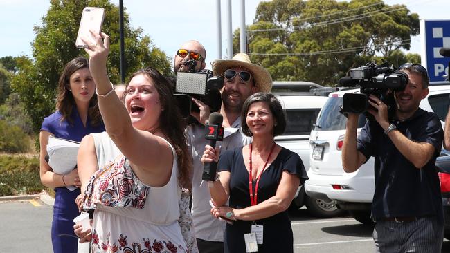 Tziporah Malkah takes a selfie with media after an earlier court appearance at Victor Harbor Magistrates Court. Picture: Dylan Coker