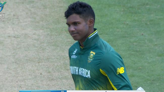 South Africa's Jiveshan Pillay has been given out 'obstructing the field' at the Under-19 World Cup.